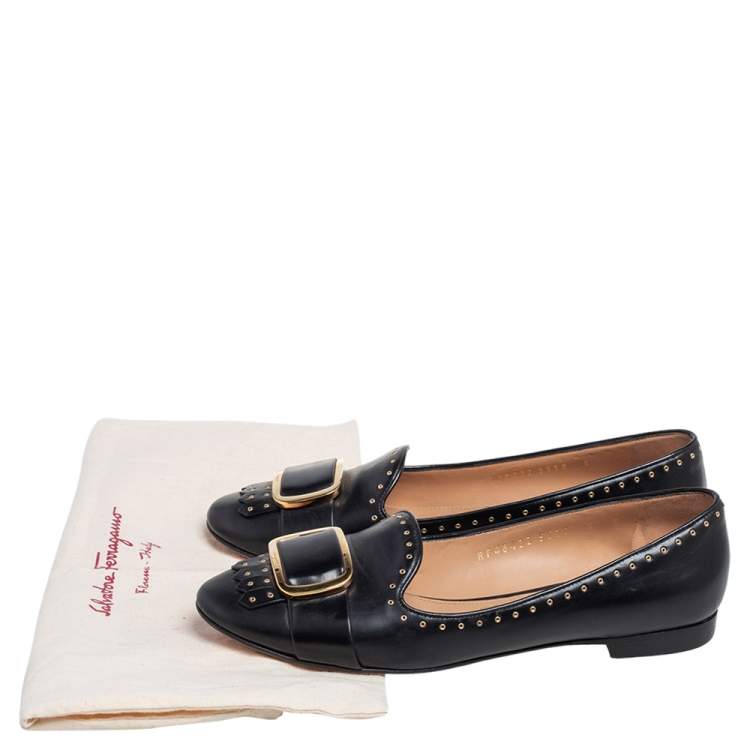 Pre Owned Salvatore Ferragamo Black Leather Studded Fringe Detail Ballet Flats Size 36.5