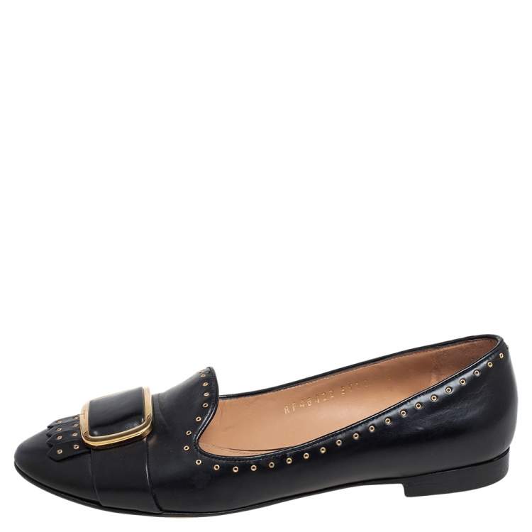 Pre Owned Salvatore Ferragamo Black Leather Studded Fringe Detail Ballet Flats Size 36.5