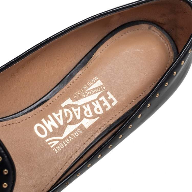 Pre Owned Salvatore Ferragamo Black Leather Studded Fringe Detail Ballet Flats Size 36.5