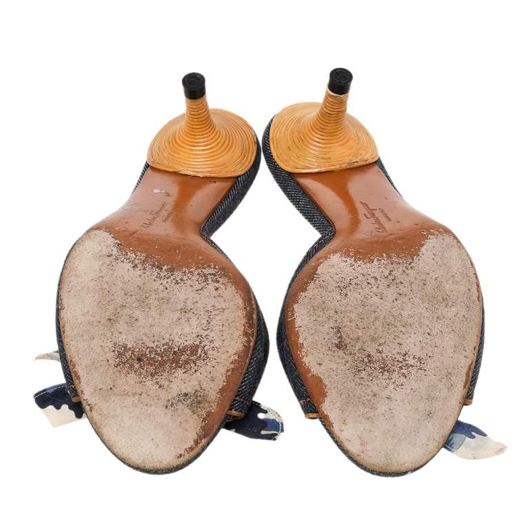 Pre Owned Salvatore Ferragamo Blue/Brown Denim And Leather Knot Slide Sandals Size 38.5