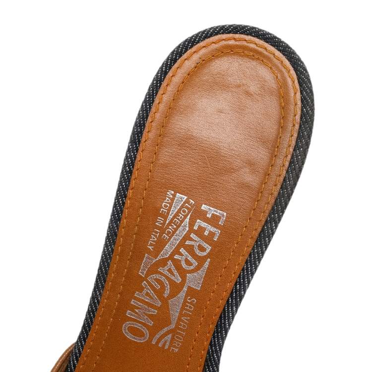 Pre Owned Salvatore Ferragamo Blue/Brown Denim And Leather Knot Slide Sandals Size 38.5