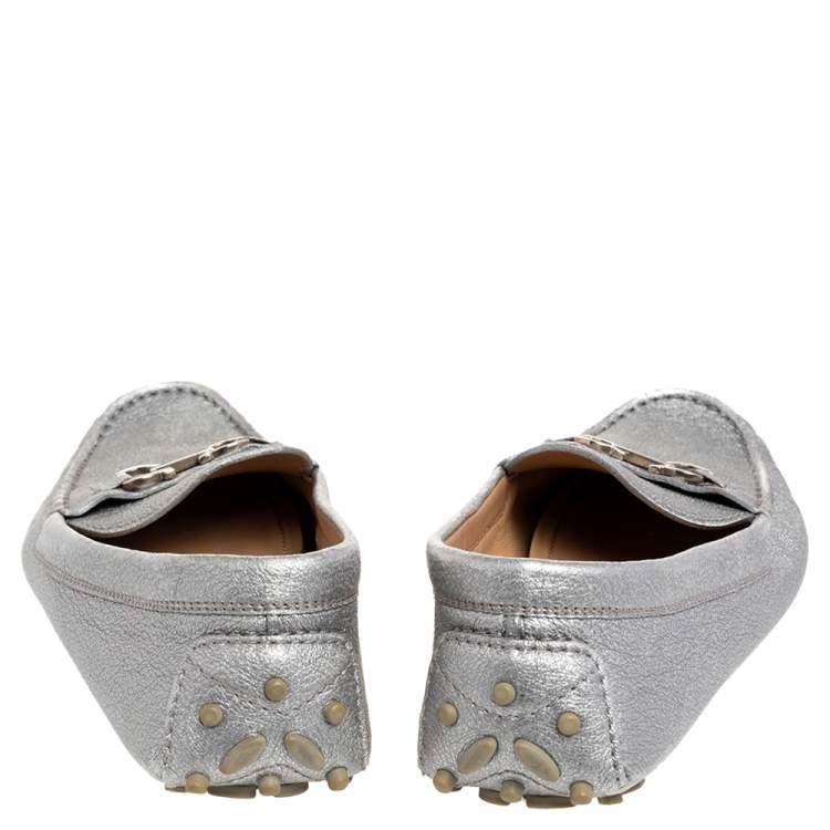 Pre Owned Salvatore Ferragamo Silver Leather Slip on Loafers Size 37