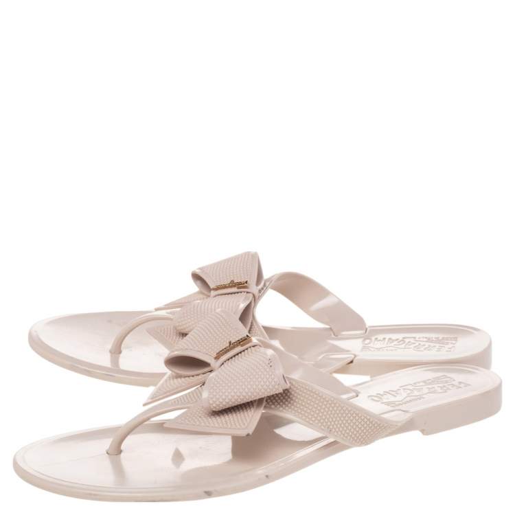 Pre Owned Salvatore Ferragamo Cream Jelly Bali Embossed Bow Thong Sandals Size 37.5