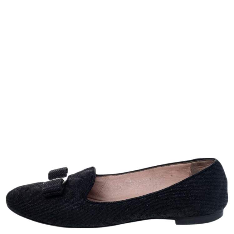 مملوكة مسبقًا Salvatore Ferragamo Black Canvas Velvet Bow Detail Smoking Slippers Size 37