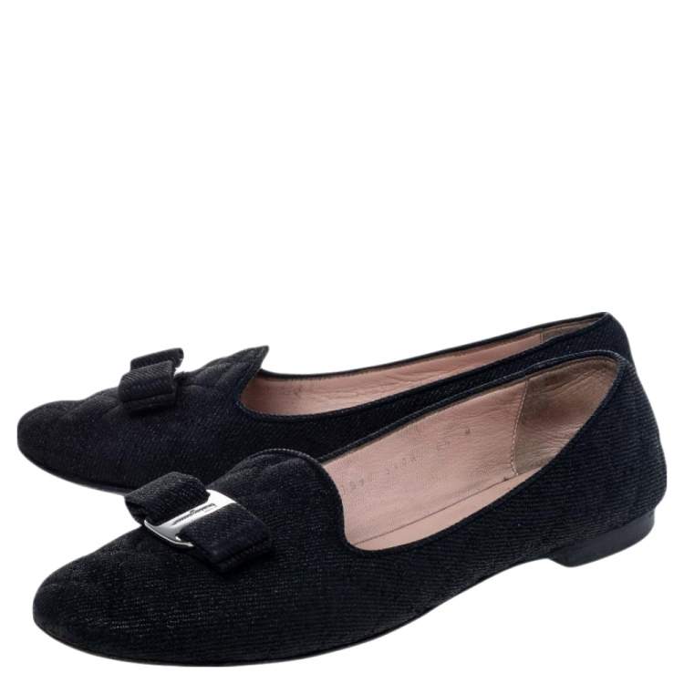 مملوكة مسبقًا Salvatore Ferragamo Black Canvas Velvet Bow Detail Smoking Slippers Size 37