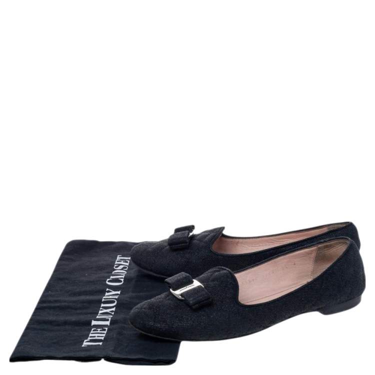 مملوكة مسبقًا Salvatore Ferragamo Black Canvas Velvet Bow Detail Smoking Slippers Size 37