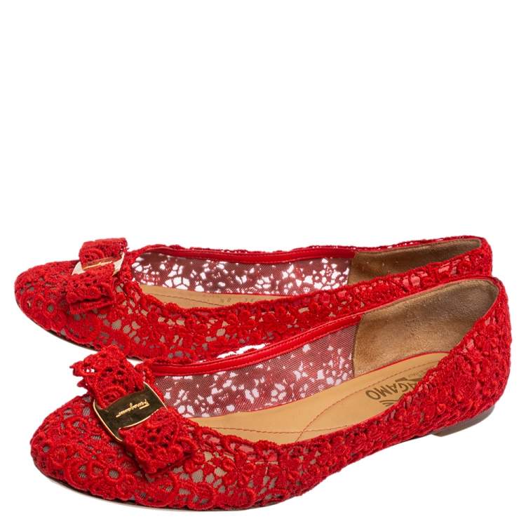Pre Owned Salvatore Ferragamo Red Lace Vara Bow Ballet Flats Size 39