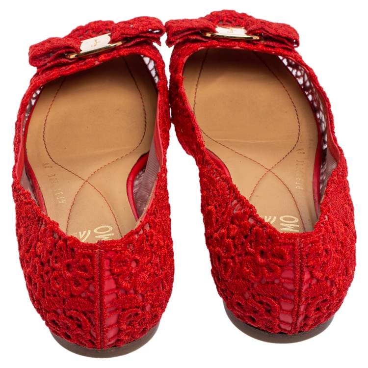 Pre Owned Salvatore Ferragamo Red Lace Vara Bow Ballet Flats Size 39