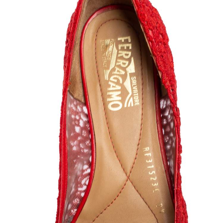 Pre Owned Salvatore Ferragamo Red Lace Vara Bow Ballet Flats Size 39