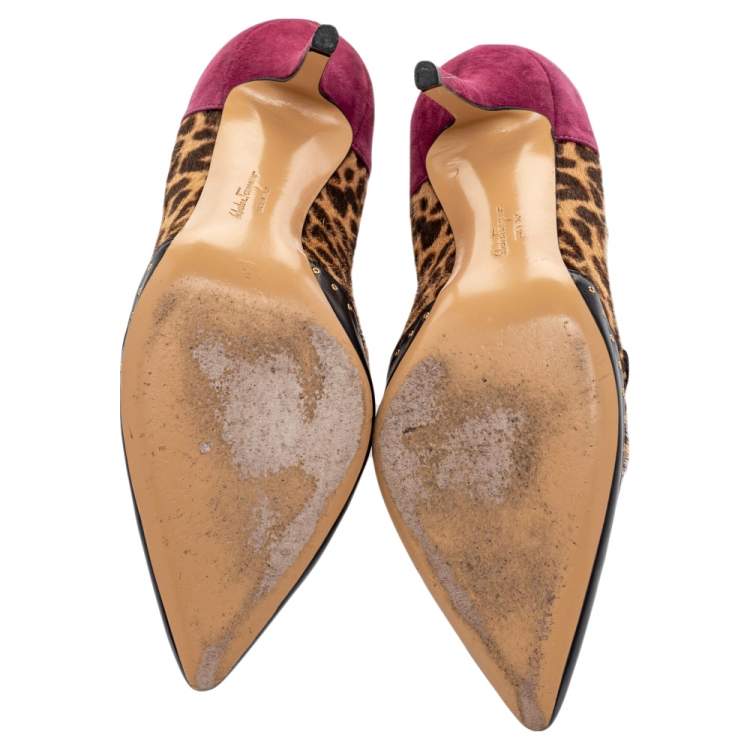 Pre Owned Salvatore Ferragamo Multicolor Leather And Leopard Pony Hair Lienna Studded Pumps Size 37.5