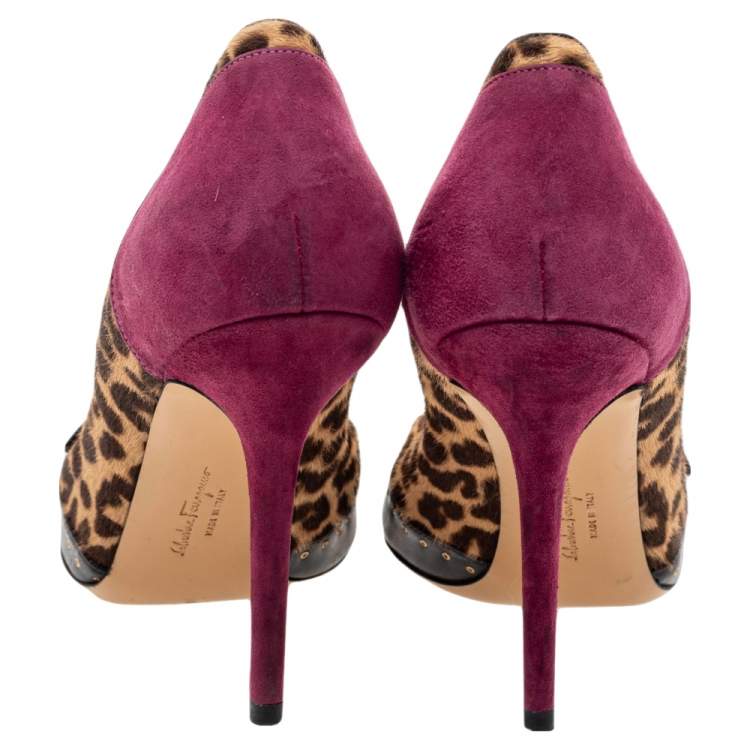 Pre Owned Salvatore Ferragamo Multicolor Leather And Leopard Pony Hair Lienna Studded Pumps Size 37.5