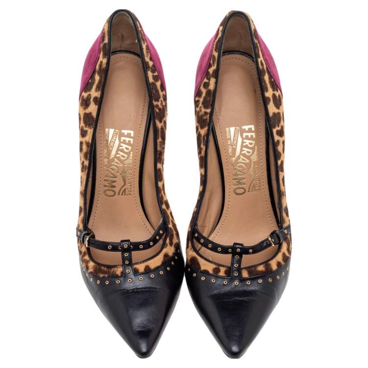 Pre Owned Salvatore Ferragamo Multicolor Leather And Leopard Pony Hair Lienna Studded Pumps Size 37.5