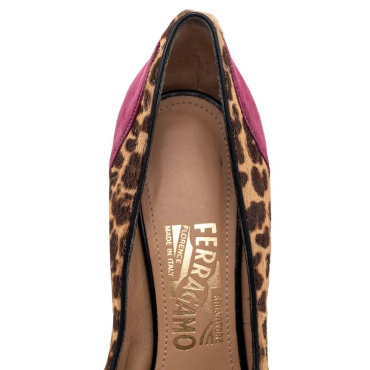 Pre Owned Salvatore Ferragamo Multicolor Leather And Leopard Pony Hair Lienna Studded Pumps Size 37.5