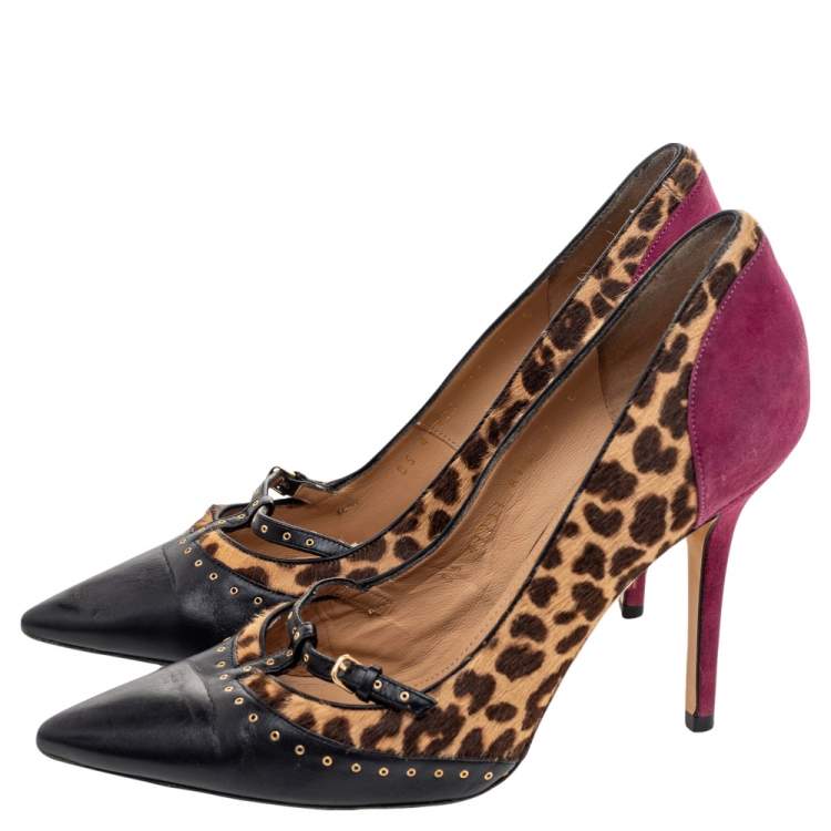 Pre Owned Salvatore Ferragamo Multicolor Leather And Leopard Pony Hair Lienna Studded Pumps Size 37.5