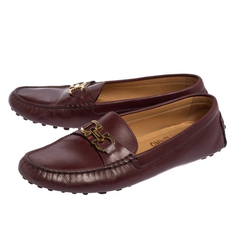 Pre Owned Salvatore Ferragamo Burgundy Leather Slip On Loafers Size 39.5