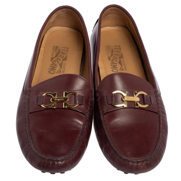 Pre Owned Salvatore Ferragamo Burgundy Leather Slip On Loafers Size 39.5