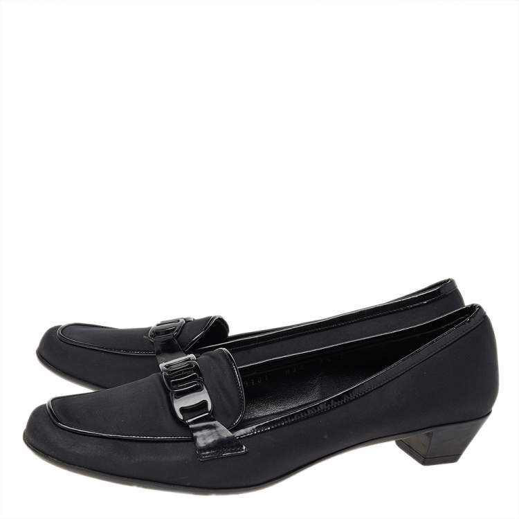 Pre Owned Salvatore Ferragamo Black Satin and Patent Leather Loafer Pumps Size 38