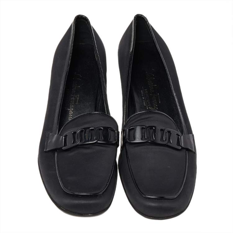 Pre Owned Salvatore Ferragamo Black Satin and Patent Leather Loafer Pumps Size 38