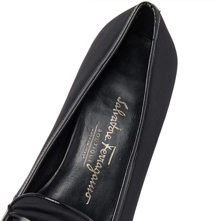 Pre Owned Salvatore Ferragamo Black Satin and Patent Leather Loafer Pumps Size 38