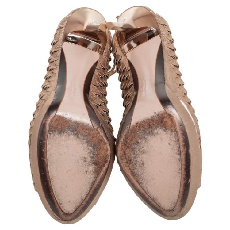 Pre Owned Salvatore Ferragamo Metallic Beige Python Embossed Leather Studded Slingback Sandals Size 39