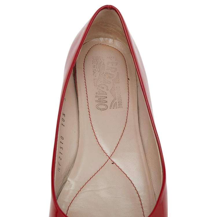 Pre Owned Salvatore Ferragamo Red Patent Leather Vara Bow Flats Size 35.5
