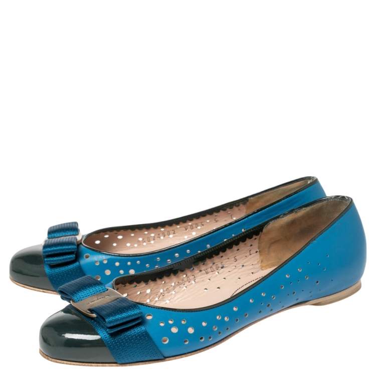 Salvatore Ferragamo Blue/Green Leather And Patent Bow Ballet  Flats Size 35.5