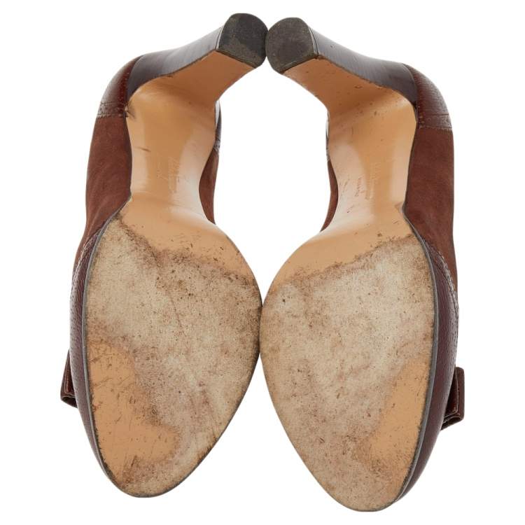 Pre Owned Salvatore Ferragamo Brown Leather Vara Bow Pumps Size 36