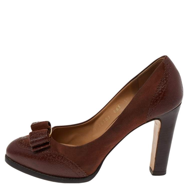 Salvatore Ferragamo Brown Leather Vara Bow Block Heels Pumps Size