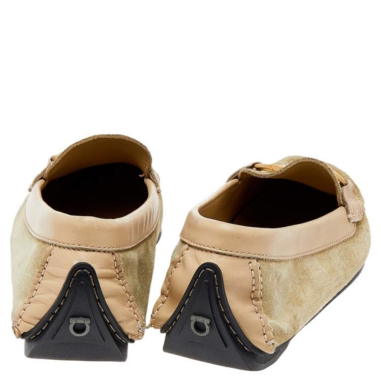 Pre Owned Salvatore Ferragamo Green/Beige Suede And Leather Gancini Bit Slip On Loafers Size 39.5