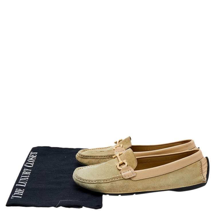 Pre Owned Salvatore Ferragamo Green/Beige Suede And Leather Gancini Bit Slip On Loafers Size 39.5