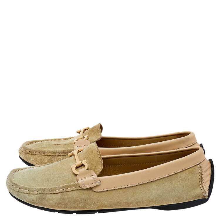 Pre Owned Salvatore Ferragamo Green/Beige Suede And Leather Gancini Bit Slip On Loafers Size 39.5