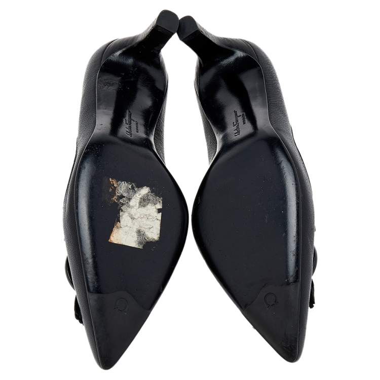 Pre Owned Salvatore Ferragamo Black Leather Gancini Buckle Fringe Detail Pointed Toe Pumps Size 38