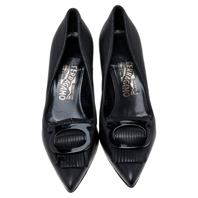Pre Owned Salvatore Ferragamo Black Leather Gancini Buckle Fringe Detail Pointed Toe Pumps Size 38