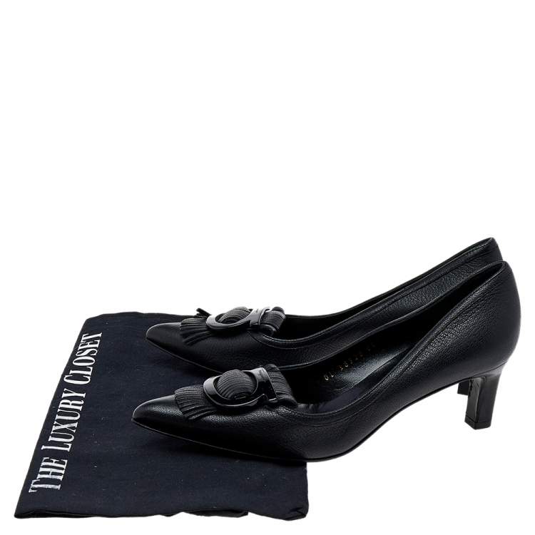 Pre Owned Salvatore Ferragamo Black Leather Gancini Buckle Fringe Detail Pointed Toe Pumps Size 38