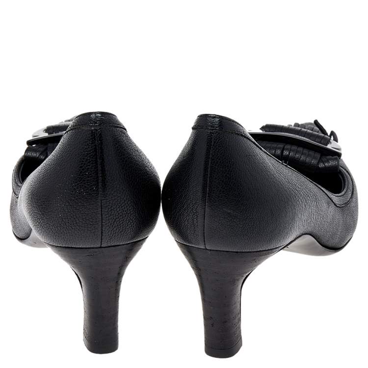 Pre Owned Salvatore Ferragamo Black Leather Gancini Buckle Fringe Detail Pointed Toe Pumps Size 38