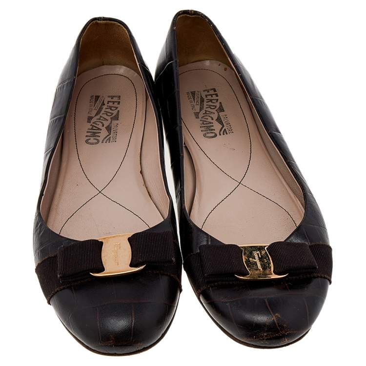 Pre Owned Salvatore Ferragamo Dark Brown Leather Varina Bow Flats Size 40.5