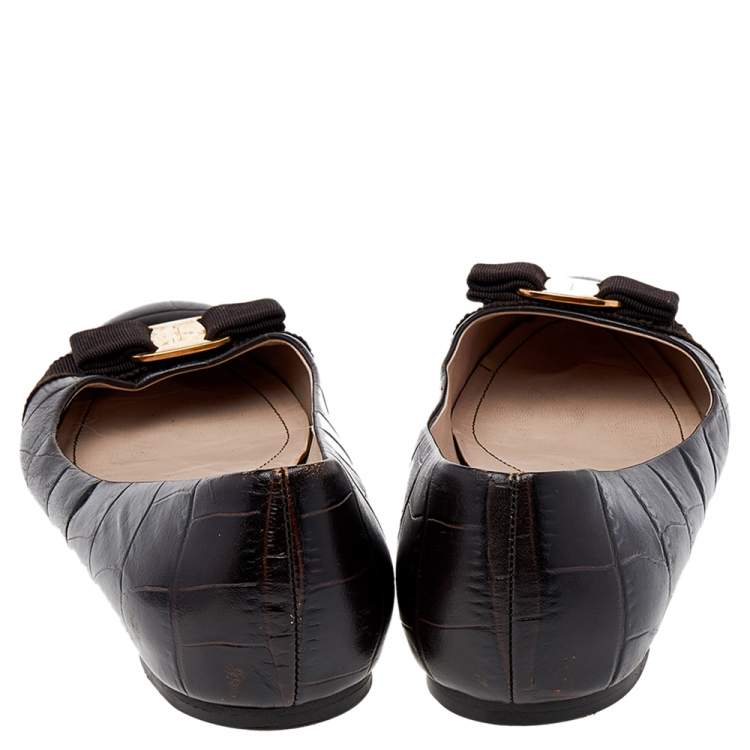 Pre Owned Salvatore Ferragamo Dark Brown Leather Varina Bow Flats Size 40.5