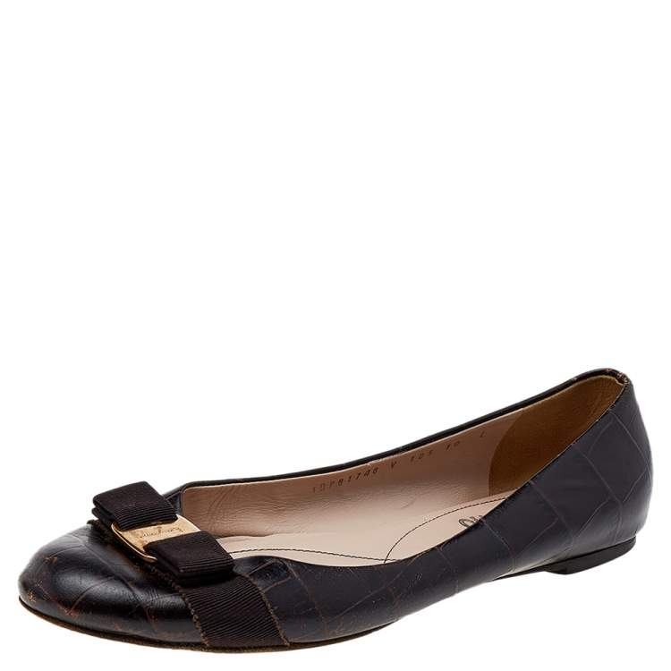 Pre Owned Salvatore Ferragamo Dark Brown Leather Varina Bow Flats Size 40.5
