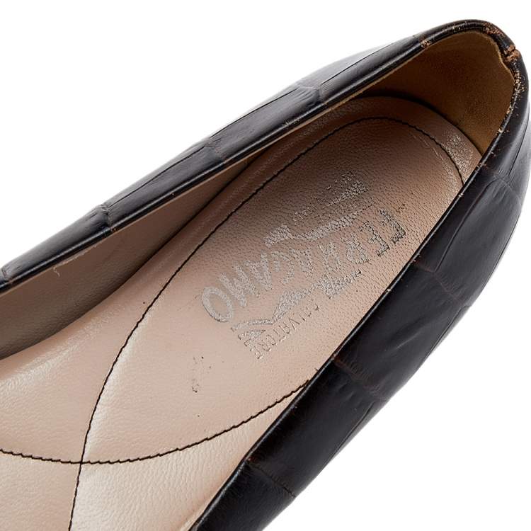 Pre Owned Salvatore Ferragamo Dark Brown Leather Varina Bow Flats Size 40.5