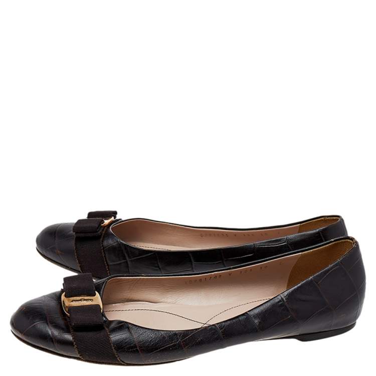 Pre Owned Salvatore Ferragamo Dark Brown Leather Varina Bow Flats Size 40.5