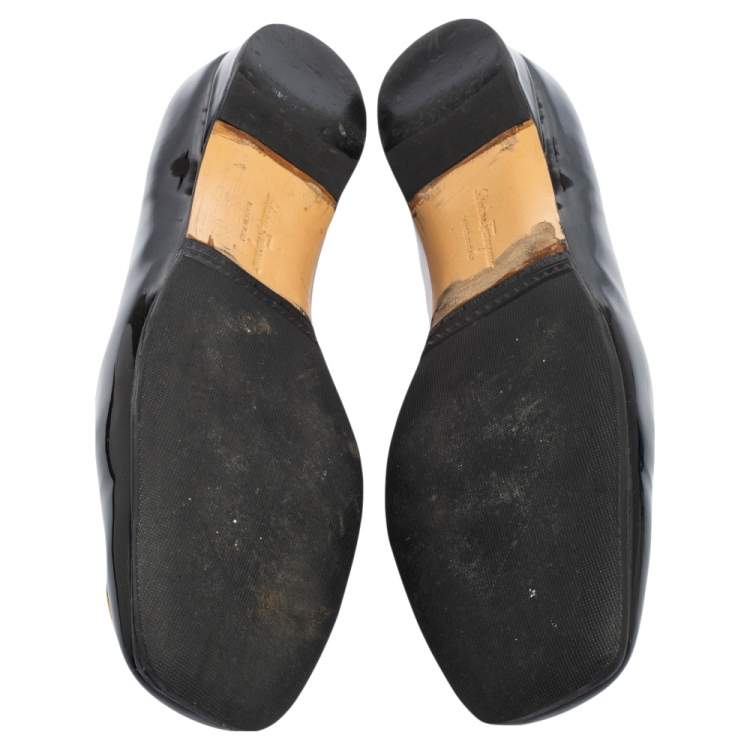 Pre Owned Salvatore Ferragamo Black Patent Leather Rebi Gancio Ballet Flats Size 37