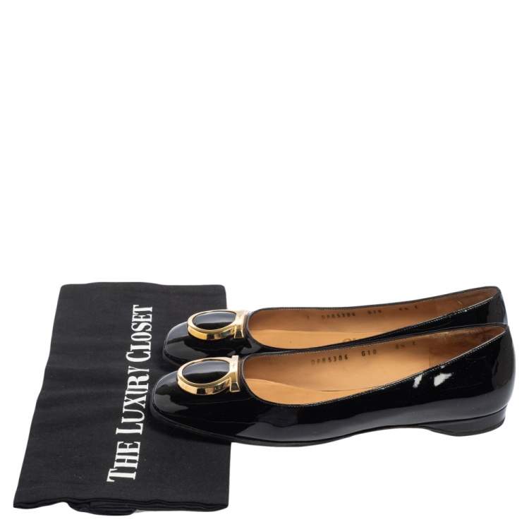 Pre Owned Salvatore Ferragamo Black Patent Leather Rebi Gancio Ballet Flats Size 37