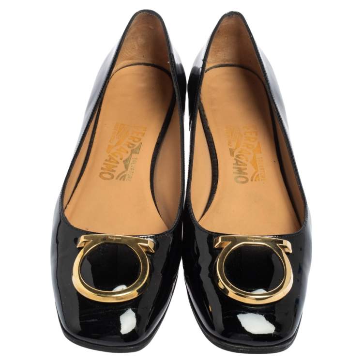 Pre Owned Salvatore Ferragamo Black Patent Leather Rebi Gancio Ballet Flats Size 37