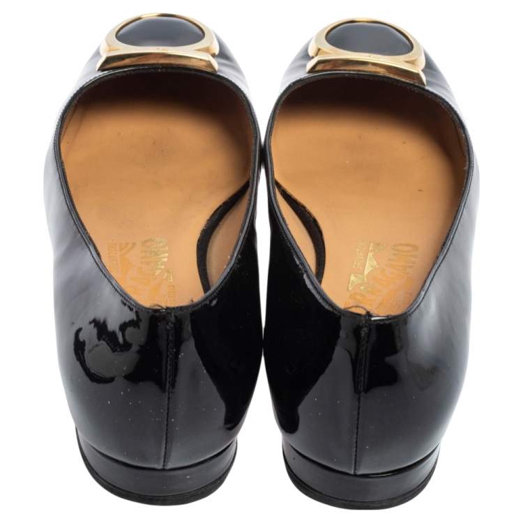 Pre Owned Salvatore Ferragamo Black Patent Leather Rebi Gancio Ballet Flats Size 37