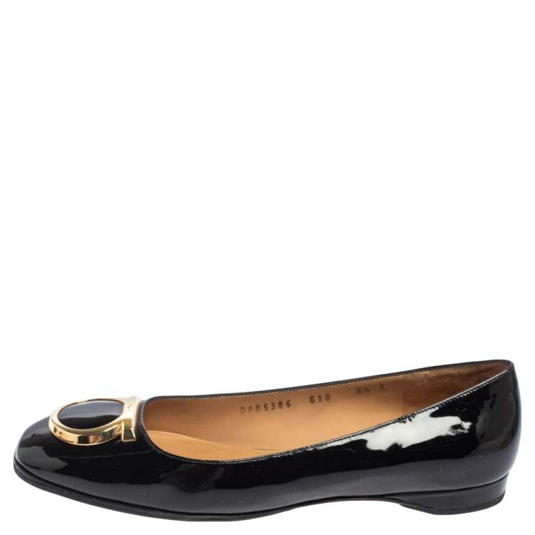 Pre Owned Salvatore Ferragamo Black Patent Leather Rebi Gancio Ballet Flats Size 37