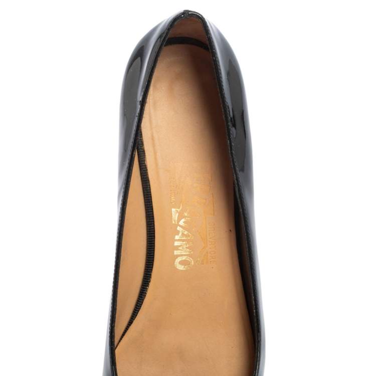 Pre Owned Salvatore Ferragamo Black Patent Leather Rebi Gancio Ballet Flats Size 37