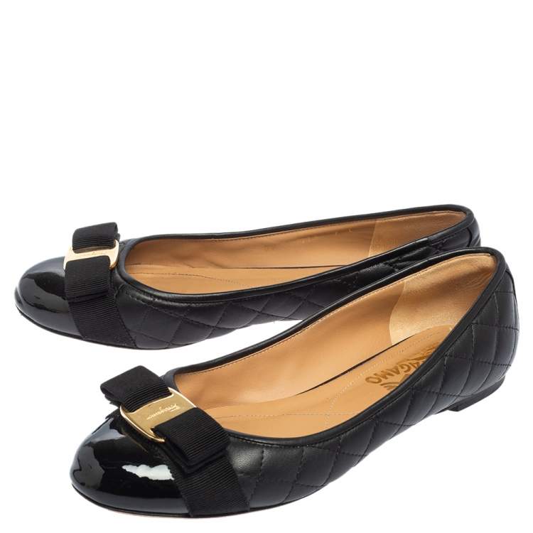 Pre Owned Salvatore Ferragamo Black Quilted Leather Vara Bow Flats Size 37.5