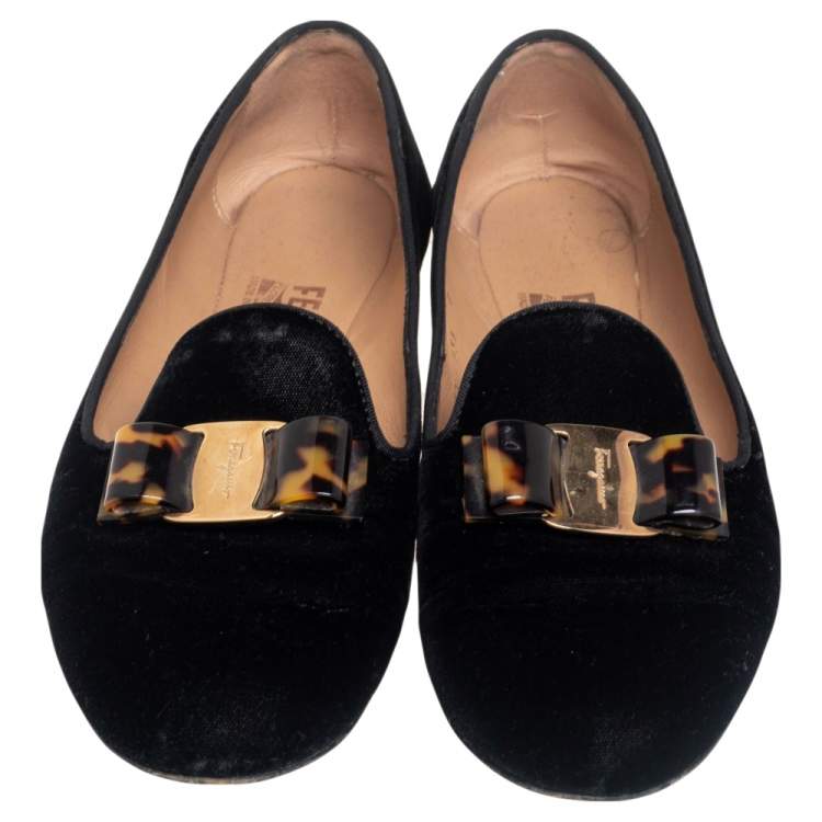 Pre Owned Salvatore Ferragamo Black Velvet Bow Detail Smoking Slippers Size 38.5