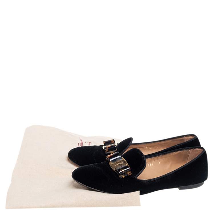 Pre Owned Salvatore Ferragamo Black Velvet Bow Detail Smoking Slippers Size 38.5
