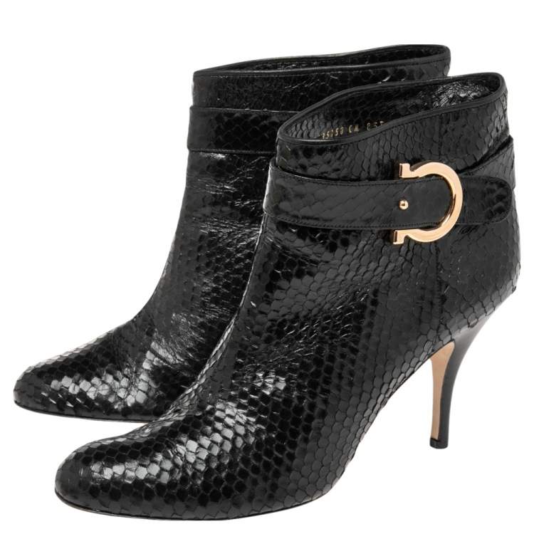 Pre Owned Salvatore Ferragamo Black Python Embossed Leather Ankle Boots Size 41.5